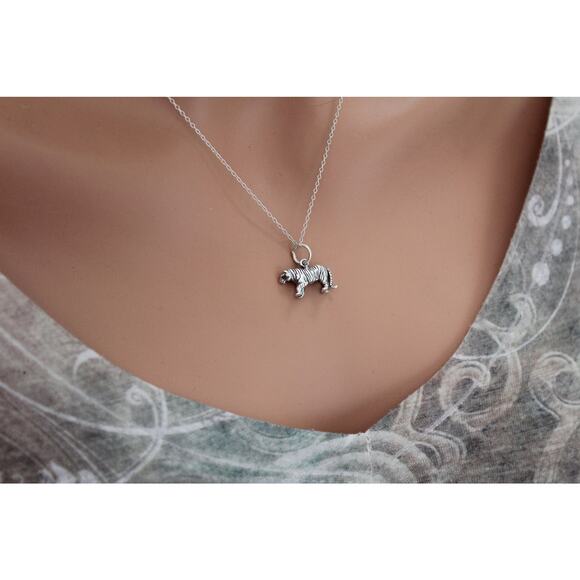Sterling Silver Tiger Charm Necklace, Sterling Silver Oxidized Tiger Necklace - Picture 4 of 6